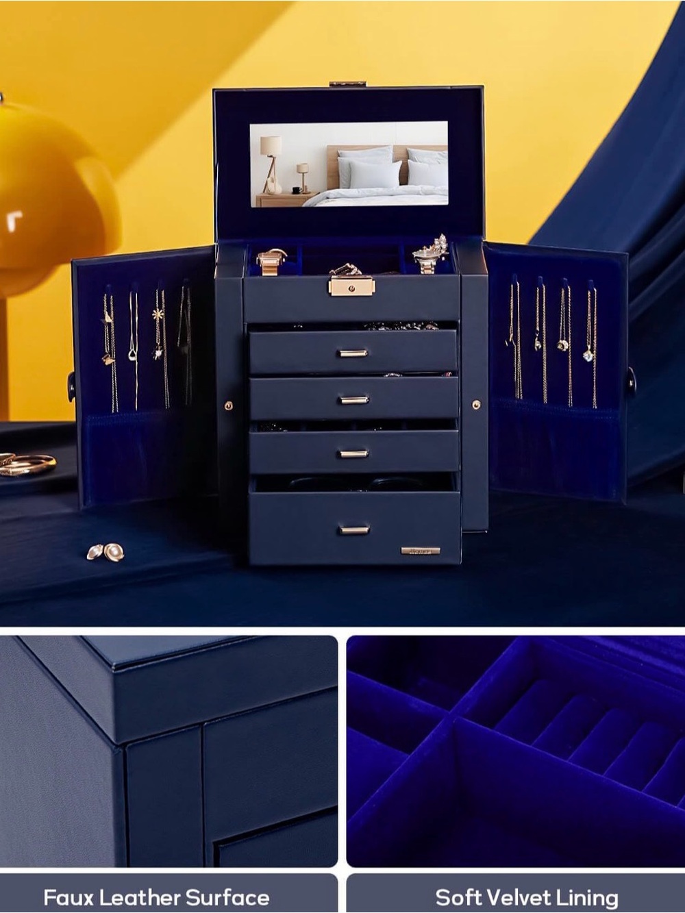 Navy Faux Leather Jewelry Organizer Box with Mirror